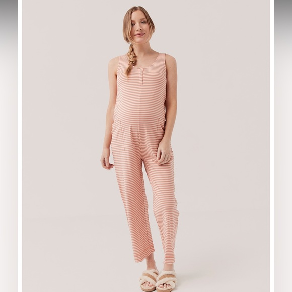 NEW Pact Maternity Nursing Jumpsuit Medium Peach Striped Organic Cozy Med - Picture 1 of 9
